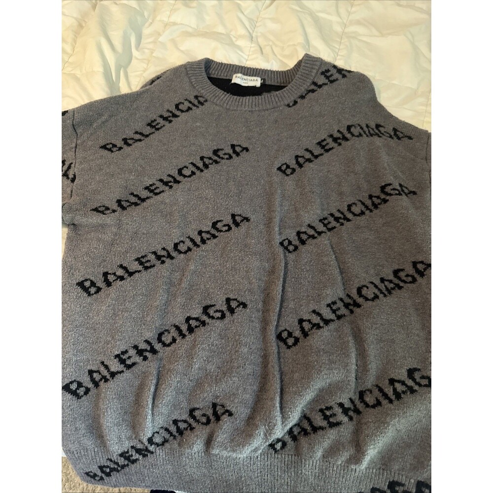 Balenciaga Black All Over Logo Wool Blend Knit Sweater M